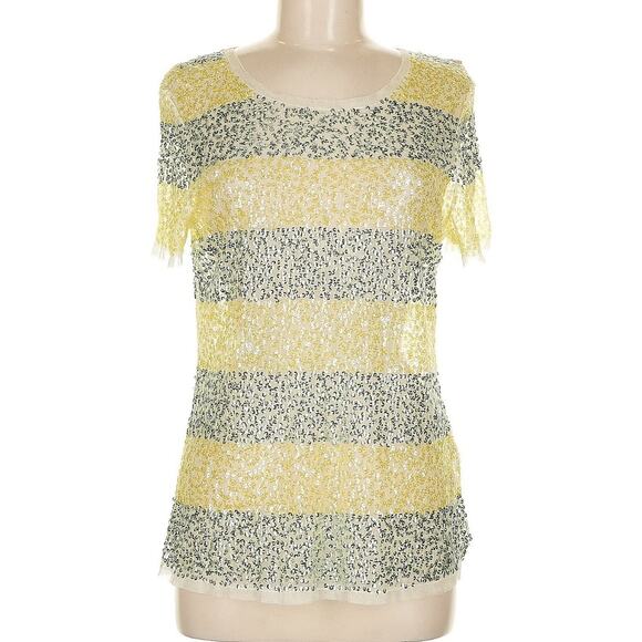 NWT DKNY Sequins & Rhinestones Embellished Top Yellow Striped Sheer Stretch Sz M - Picture 1 of 3